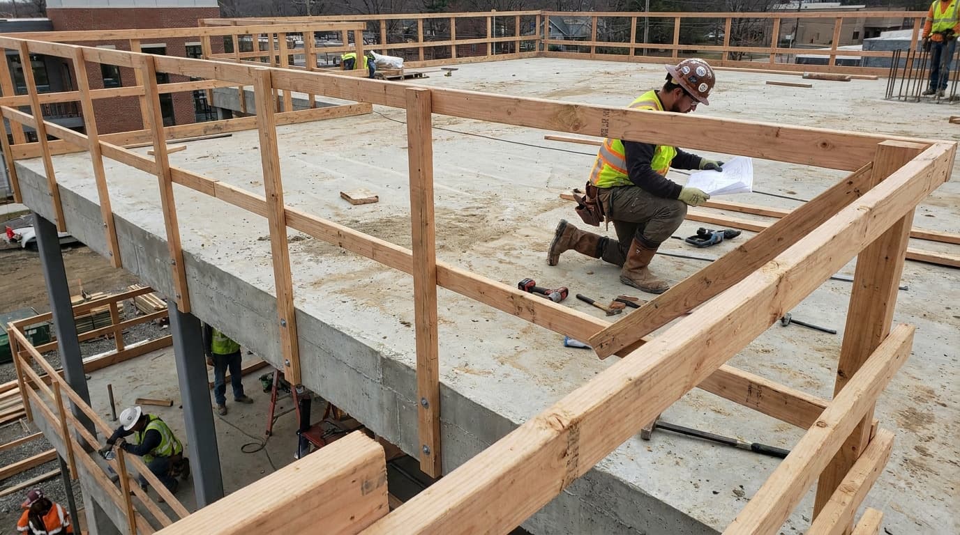 Trabalhador de capacete e colete de alta visibilidade se ajoelha na borda de uma laje de concreto lendo papéis, com guarda-corpo de madeira contornando o perímetro do piso elevado.