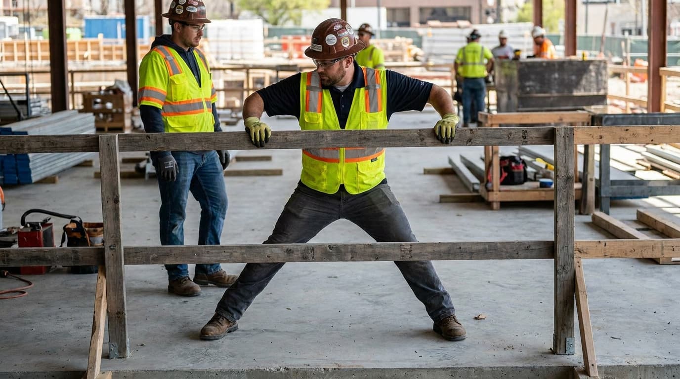 Um operário de colete de alta visibilidade se apoia em um guarda-corpo de madeira com as pernas afastadas, enquanto outro trabalhador de capacete permanece próximo sobre uma laje de concreto.