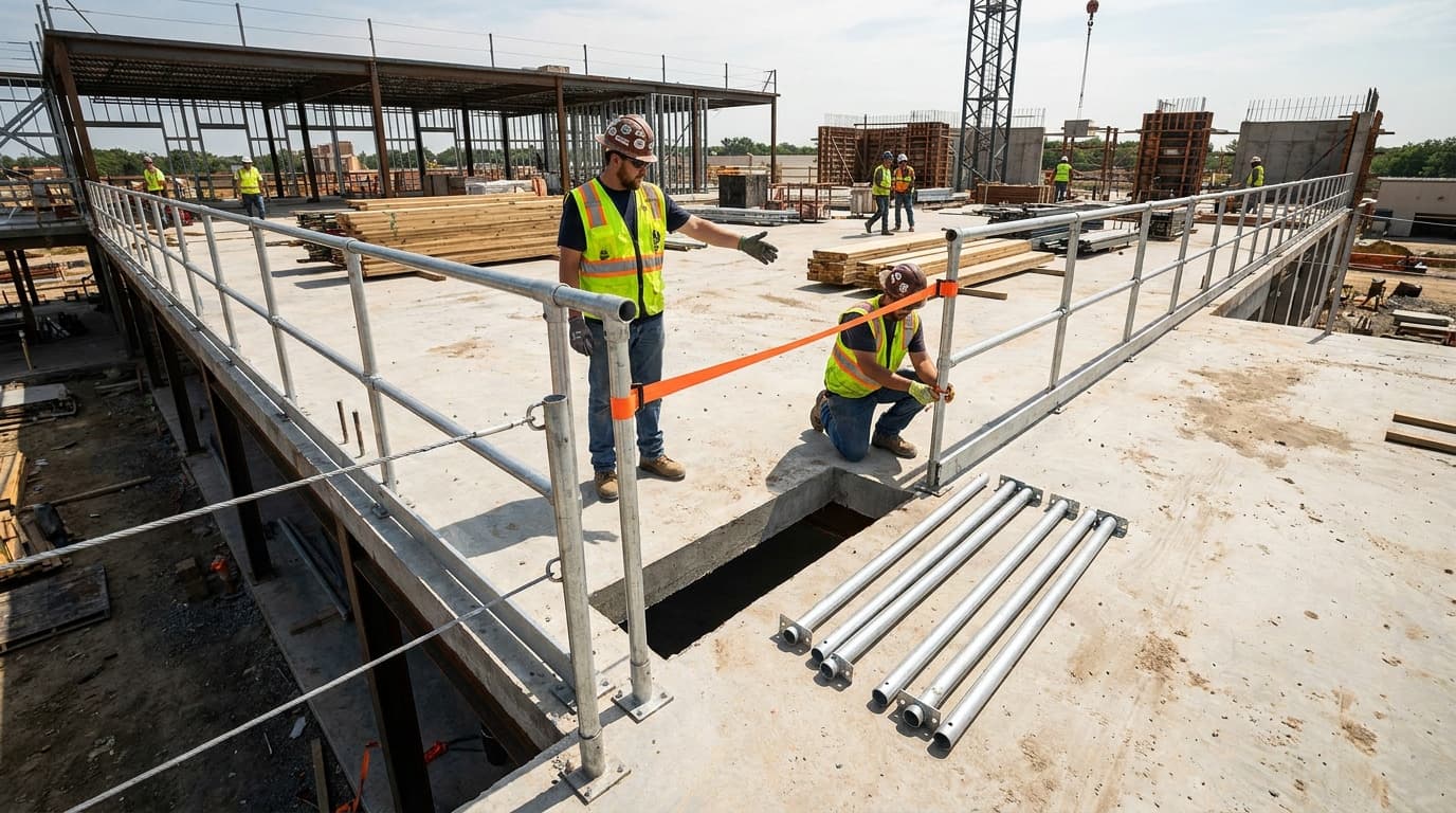 Dois trabalhadores instalam seções de guarda-corpo metálico perto de uma abertura no piso de uma laje de concreto elevada, com tubos de guarda-corpo extras no chão.