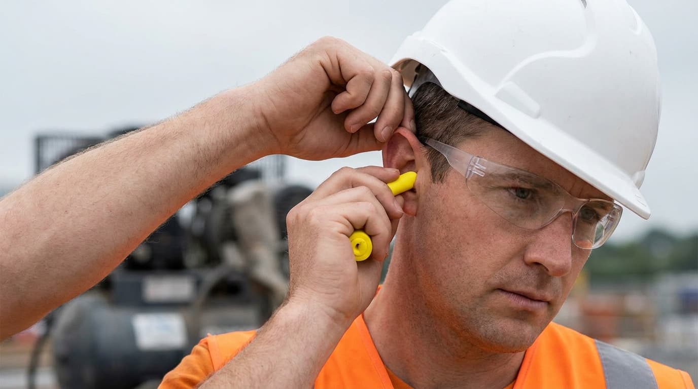 Close-up of a man in a white hard hat, safety glasses, and orange vest inserting a yellow foam earplug into his ear, industrial equipment blurred behind him.