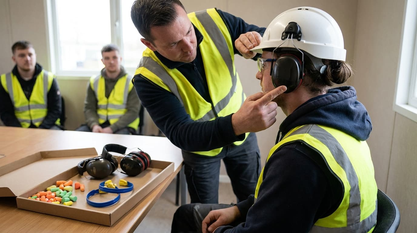 Instructor in yellow vest fitting ear muffs on a seated worker wearing a hard hat, with two workers watching and a tray of earplugs and ear muffs on a table.