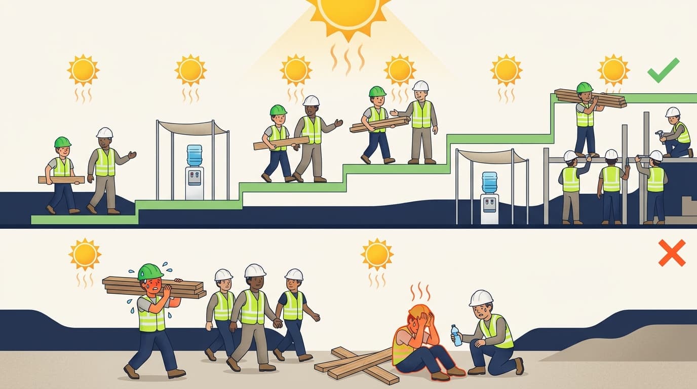 Illustrated diagram contrasting workers taking breaks, drinking water at coolers, and working in shade (top, marked correct) with workers overexerting, collapsing, and one overheated worker sitting on ground (bottom, marked incorrect).