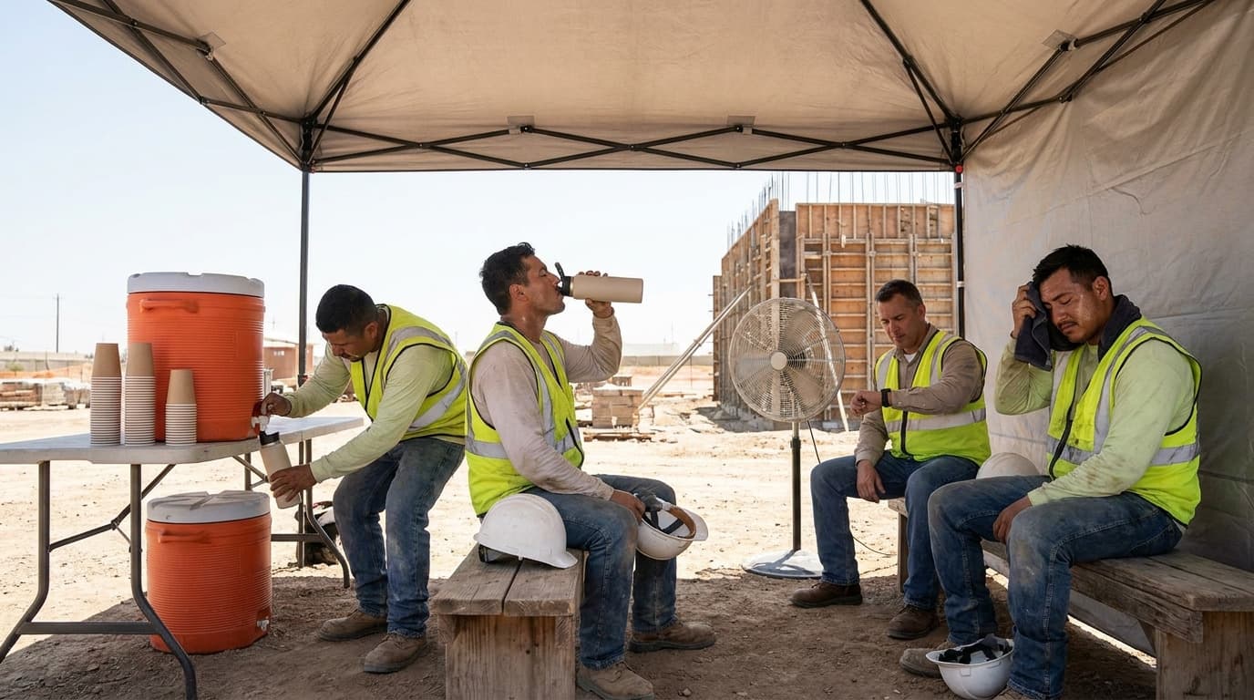 Four construction workers in yellow vests rest under a canopy tent, drinking water, sitting near an electric fan and orange water coolers on a jobsite.