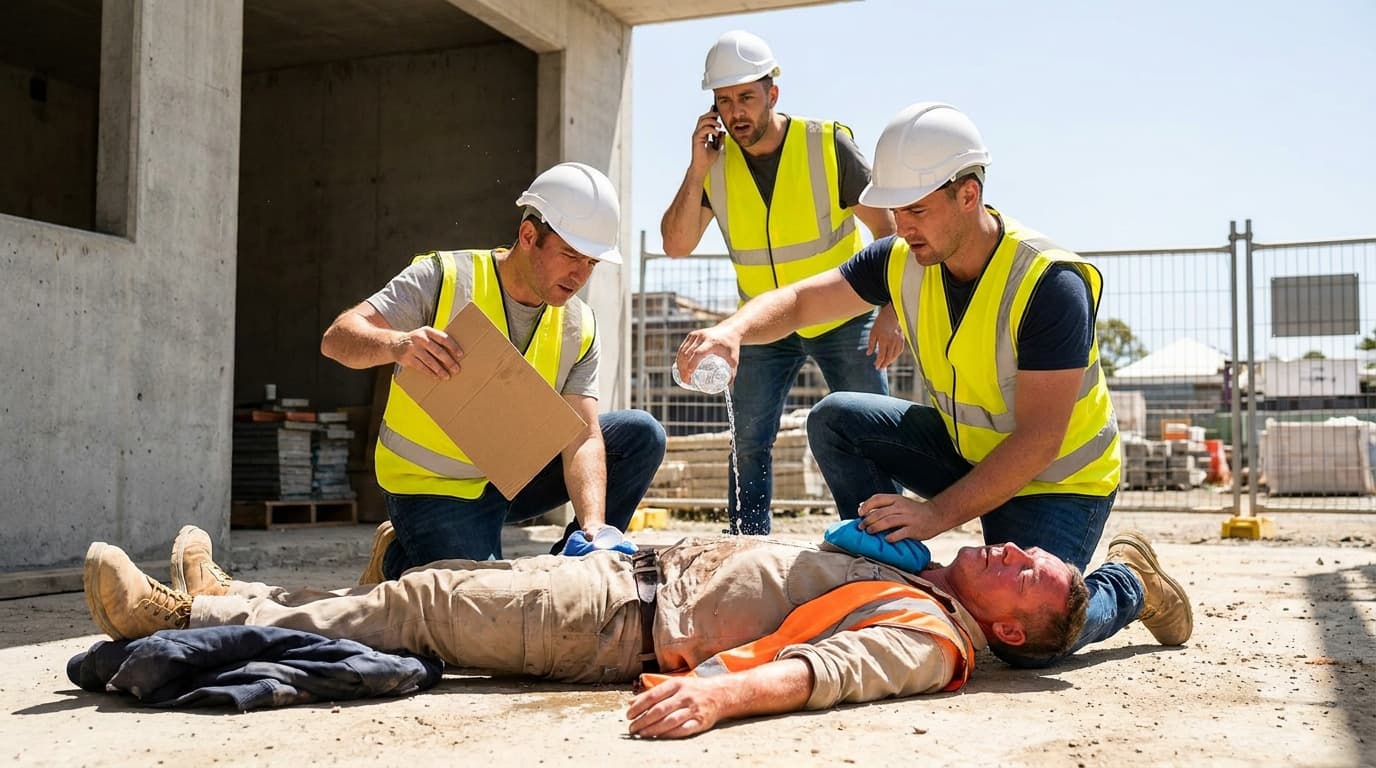 A worker lies on the ground while three coworkers in hardhats and vests assist him, one calling on phone, another pouring water, another fanning with cardboard.