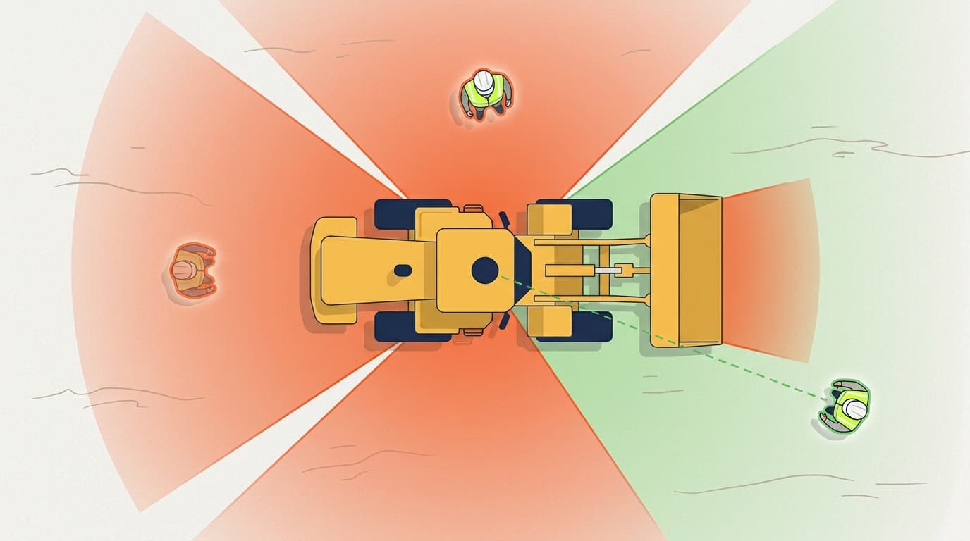 Top-down diagram of a wheel loader with colored zones showing sightlines around it, and three worker icons positioned in danger and visible zones.