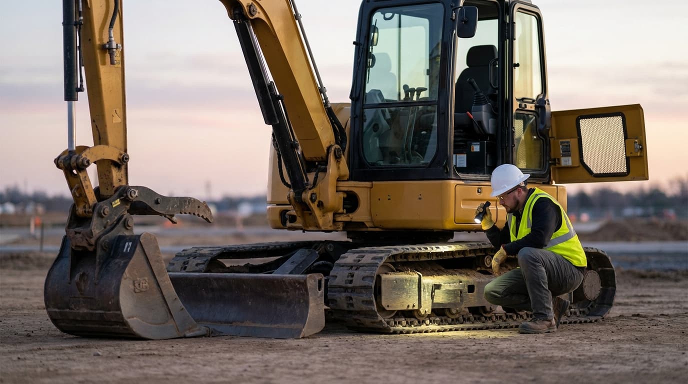 Worker in hard hat and safety vest crouches with a flashlight inspecting the tracks of an excavator at dusk on a dirt site.