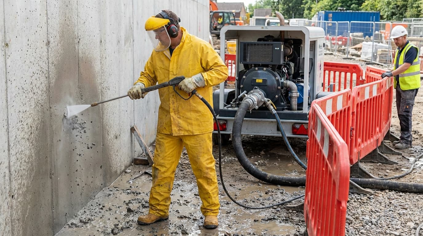 Worker in yellow protective suit, face shield, and ear defenders uses a pressure washer wand on a concrete wall, near a diesel-powered pressure washer unit and red barriers.