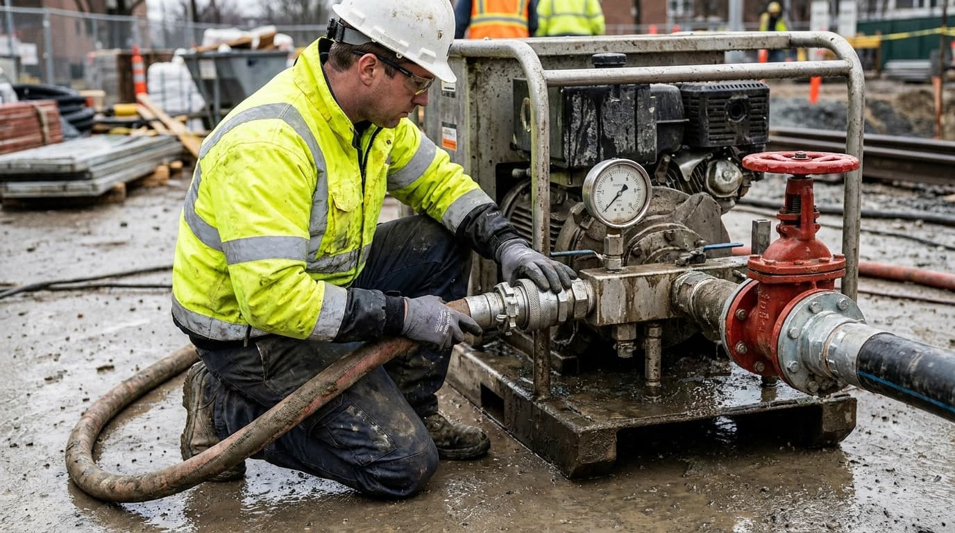 Worker in hi-vis jacket, hard hat, and gloves kneels connecting a hose coupling to a pump engine with a pressure gauge and red valve, muddy site ground.