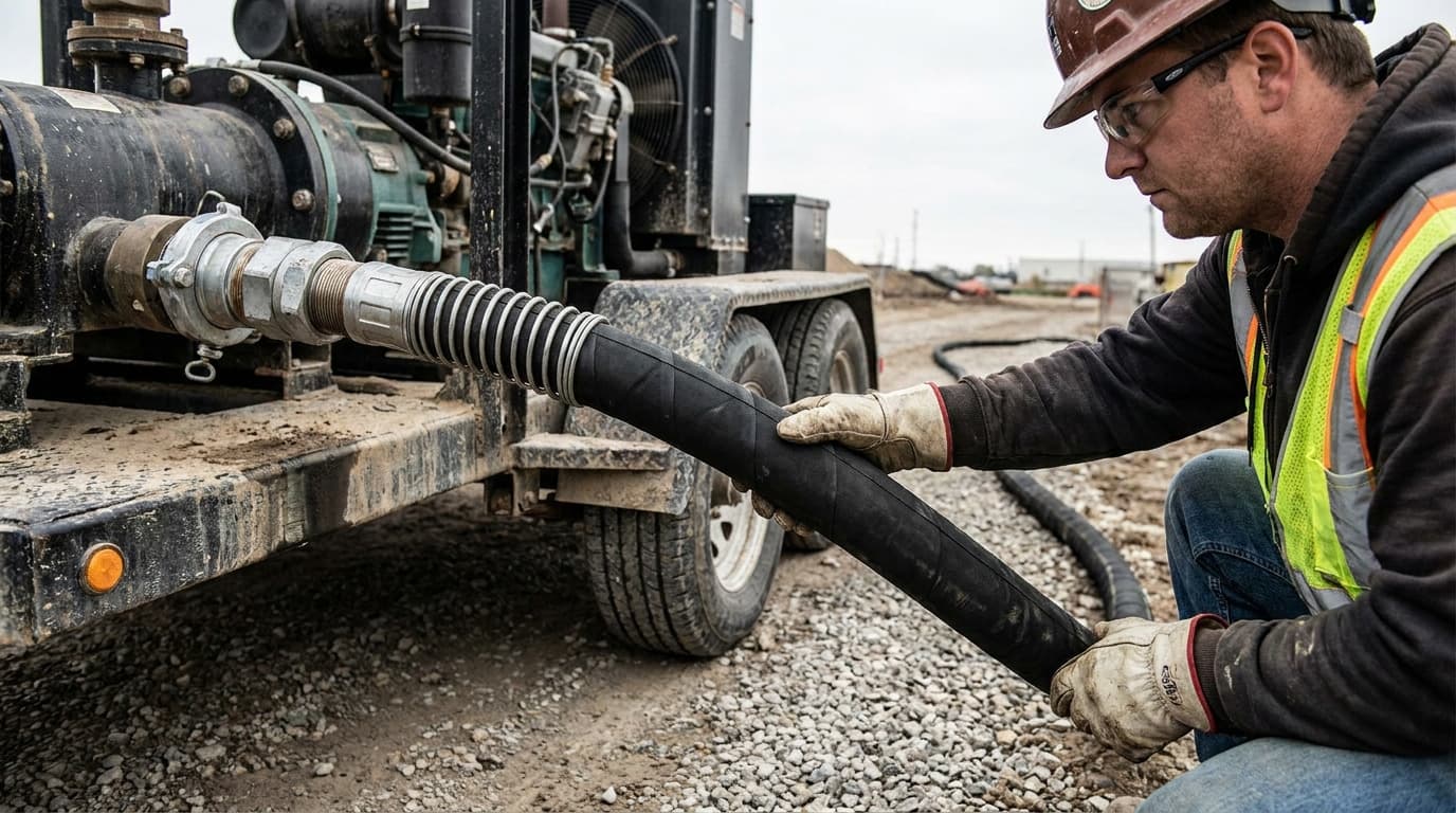 Worker in hard hat, safety glasses, and hi-vis vest attaches a large black hose to equipment mounted on a trailer at a gravel site.