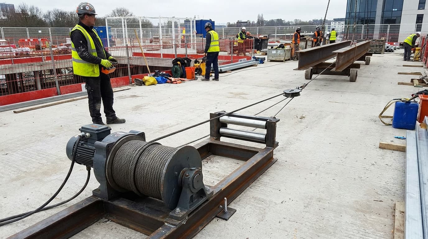 Worker in hi-vis vest and hard hat operates a cable winch on a construction rooftop, pulling steel beams across concrete floor via wire rope.
