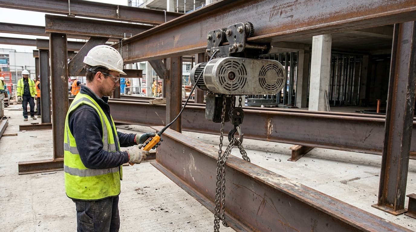 Worker in hard hat and hi-vis vest uses a pendant control to operate an electric chain hoist mounted on a steel beam at a construction site.