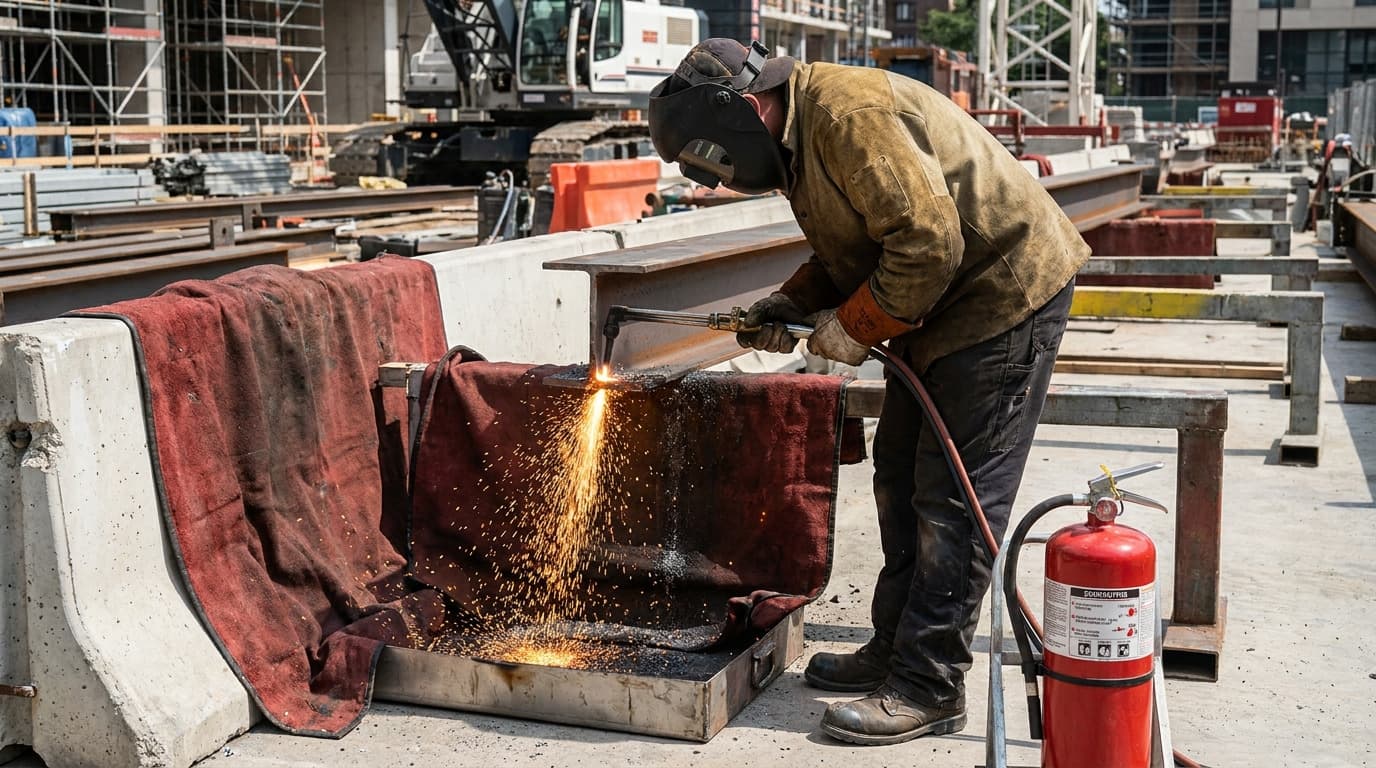 Worker in welding helmet and leather jacket uses cutting torch on steel beam, sparks fall onto welding blankets, fire extinguisher stands nearby.