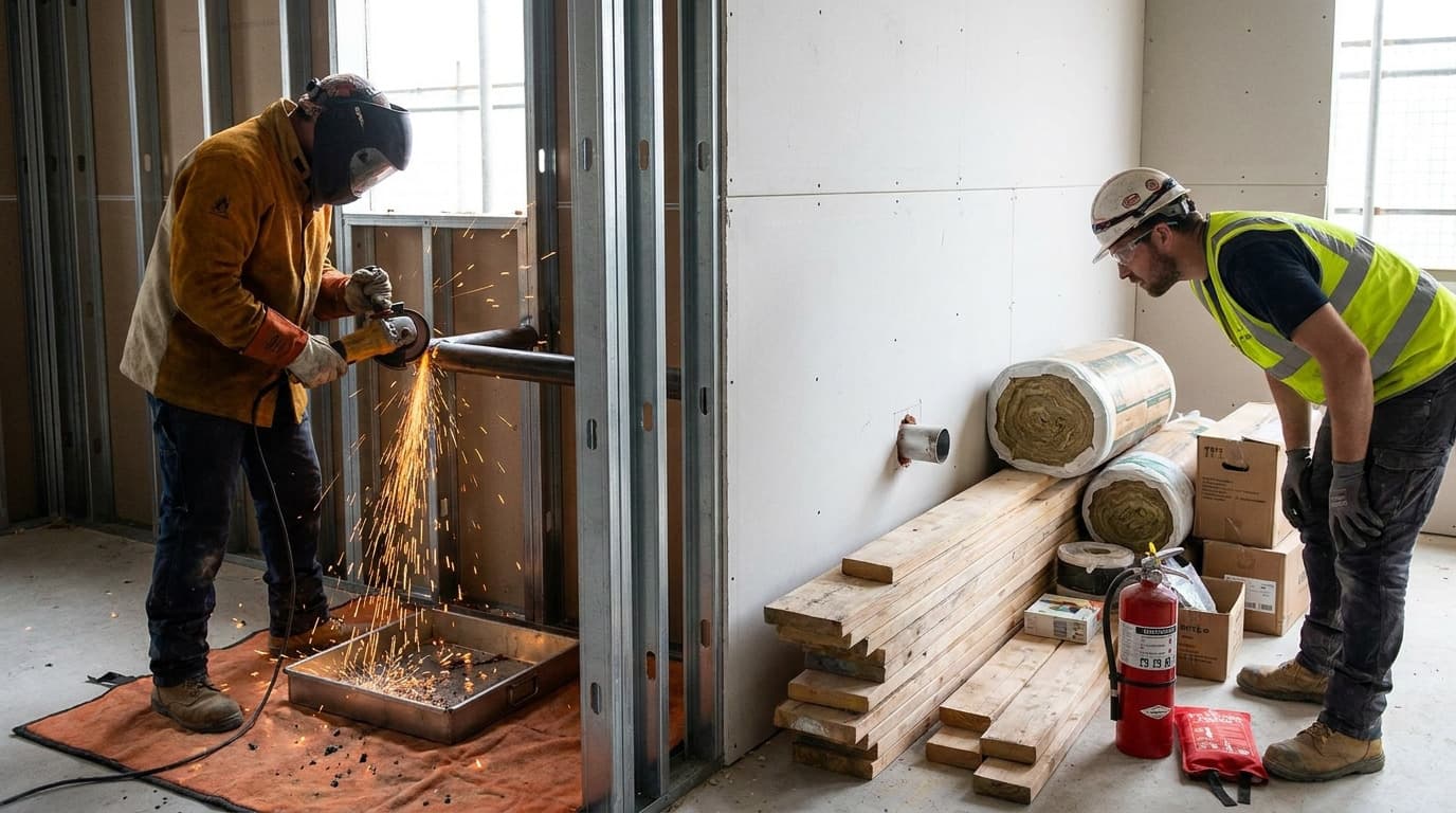 Worker grinds metal stud producing sparks over a fireproof mat while another worker in vest and hardhat inspects wall, fire extinguisher and lumber nearby.