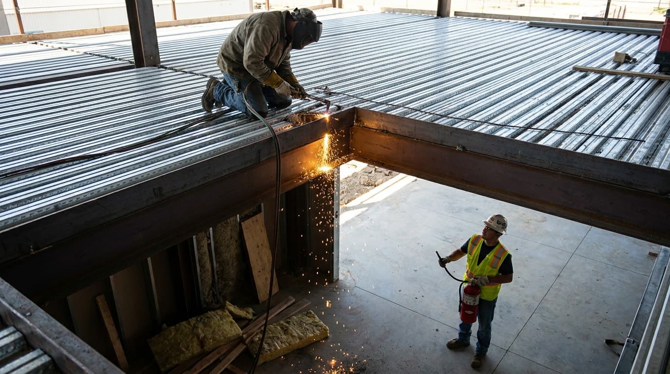 Worker kneels on elevated steel deck cutting a beam with a torch, sparks fall to lower level where another worker holds a fire extinguisher.