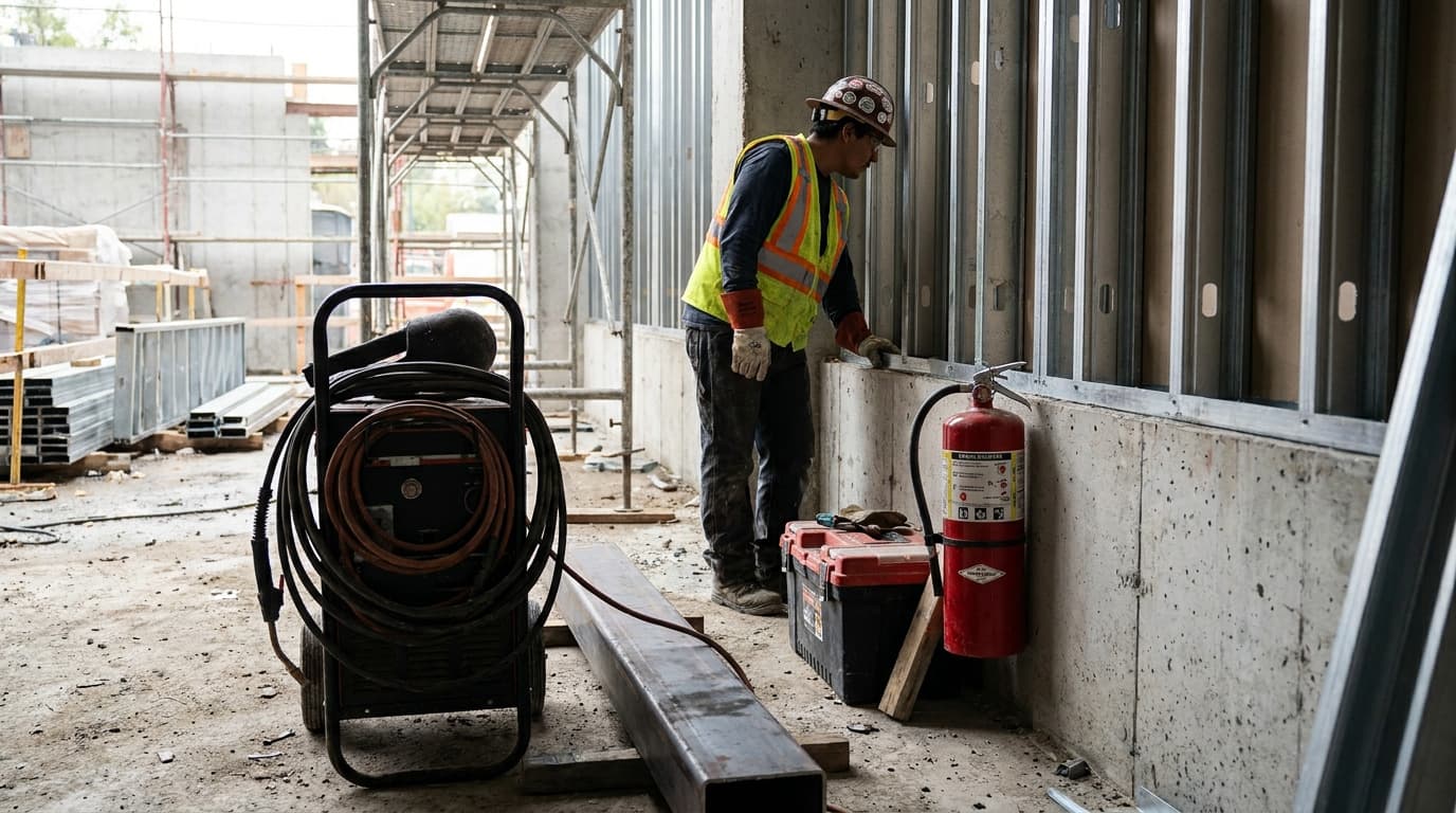 Worker in hardhat and safety vest inspects metal wall framing beside a welding machine, tool box, and red fire extinguisher on concrete floor.