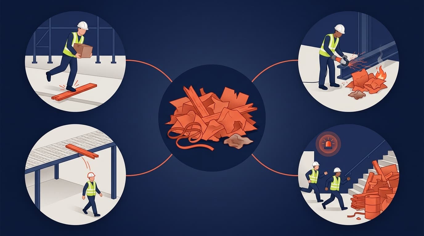 Four-panel illustration showing debris hazards: worker tripping on a board while carrying a box, a board falling near a walking worker, sparks igniting scrap near a grinder, and two workers running from a fire alarm near debris and stairs.