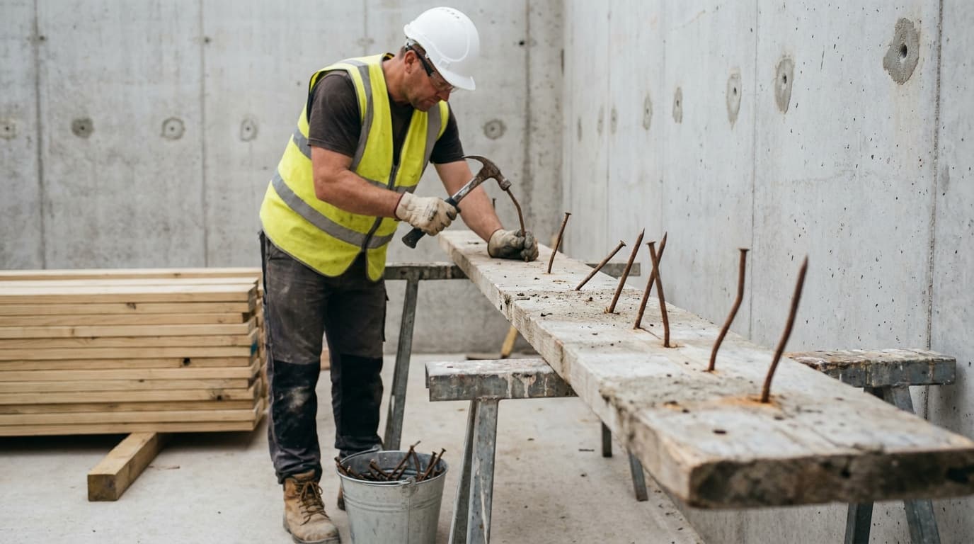 Worker in hard hat and vest removes protruding nails from a wooden plank on sawhorses, with a bucket of pulled nails and stacked lumber nearby.