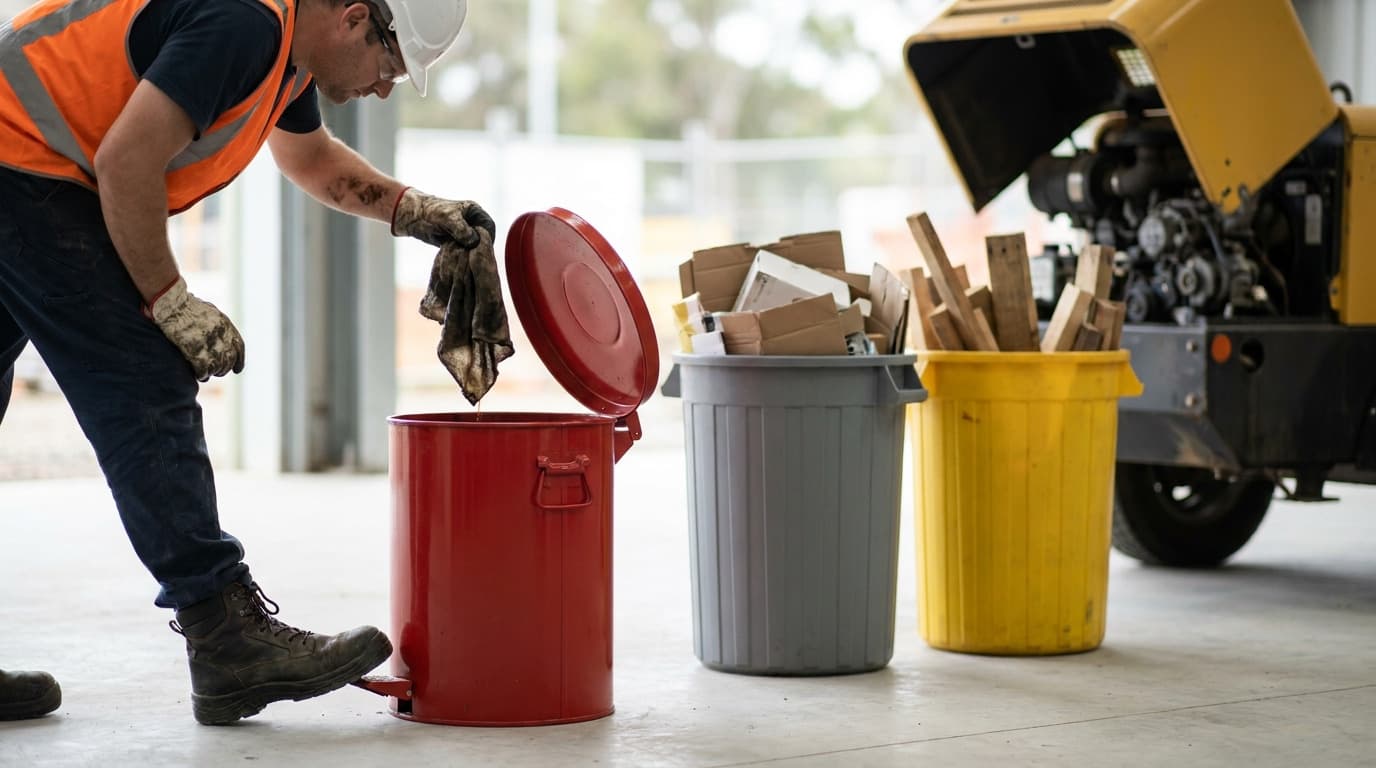 Worker in orange vest and hard hat drops an oily rag into a red step-lid bin beside gray and yellow bins filled with cardboard and wood scraps near heavy equipment.