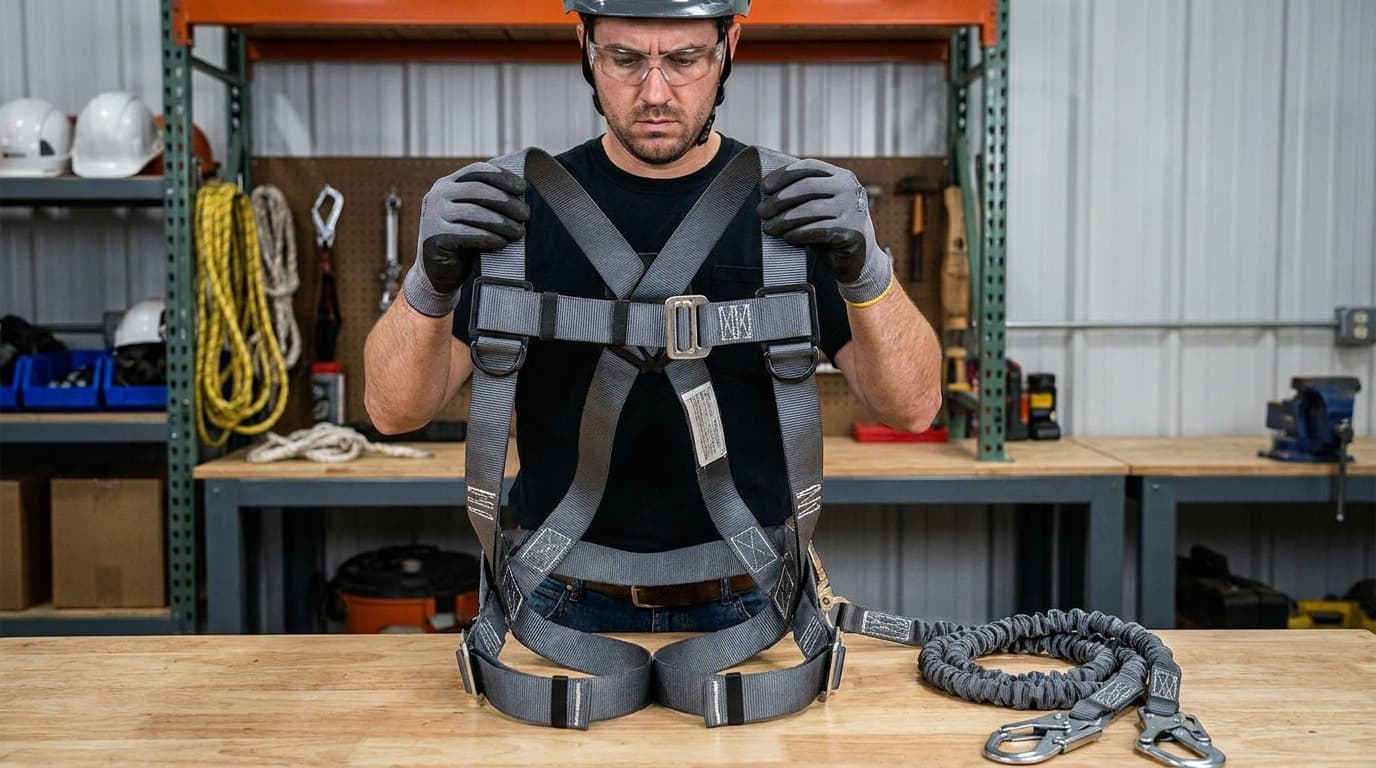 Un hombre con casco, lentes de seguridad y guantes se coloca un arnés de seguridad gris en un banco de trabajo, con una eslinga de seguridad enrollada cerca.