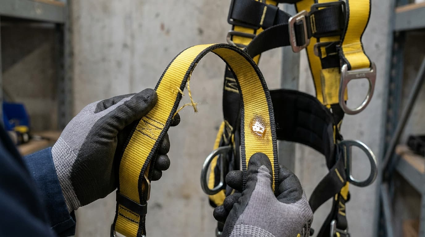 Primer plano de manos enguantadas inspeccionando una correa de arnés amarilla y negra con costura deshilachada y un punto desgastado, con un arnés colgado al fondo.
