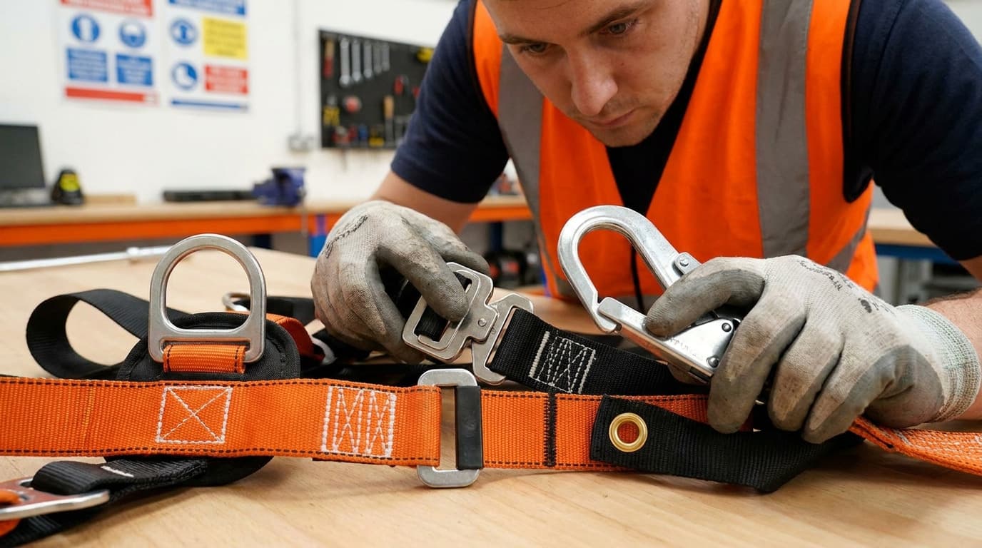 Un hombre con chaleco de alta visibilidad naranja y guantes examina el anillo D metálico y el gancho de seguridad en una correa de arnés naranja sobre un banco de trabajo.