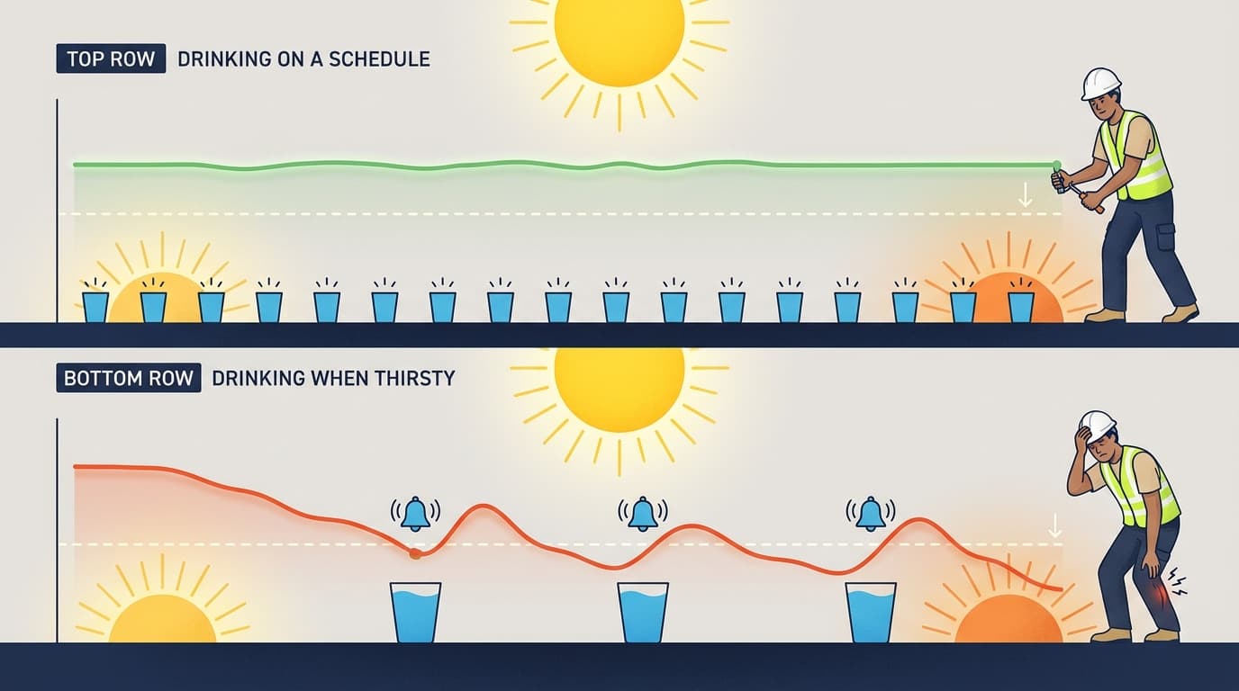 Infographic comparing two hydration patterns: top row shows steady green line with regular water cups labeled scheduled drinking; bottom row shows fluctuating red line with alarm bells labeled drinking when thirsty.
