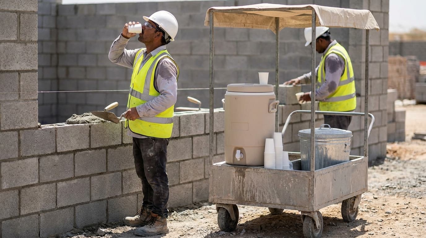 Construction worker in hard hat and yellow vest drinks from a cup beside a wheeled water cooler cart with stacked cups, another worker mixing mortar behind a block wall.