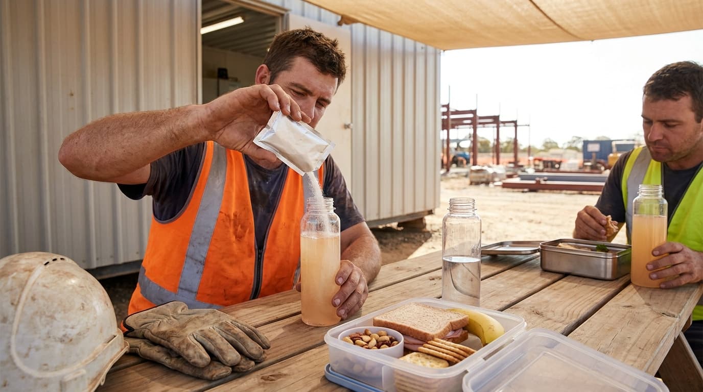 Worker in orange vest pours powder from a packet into a water bottle at a picnic table with lunch items, another worker in yellow vest eating a sandwich nearby.