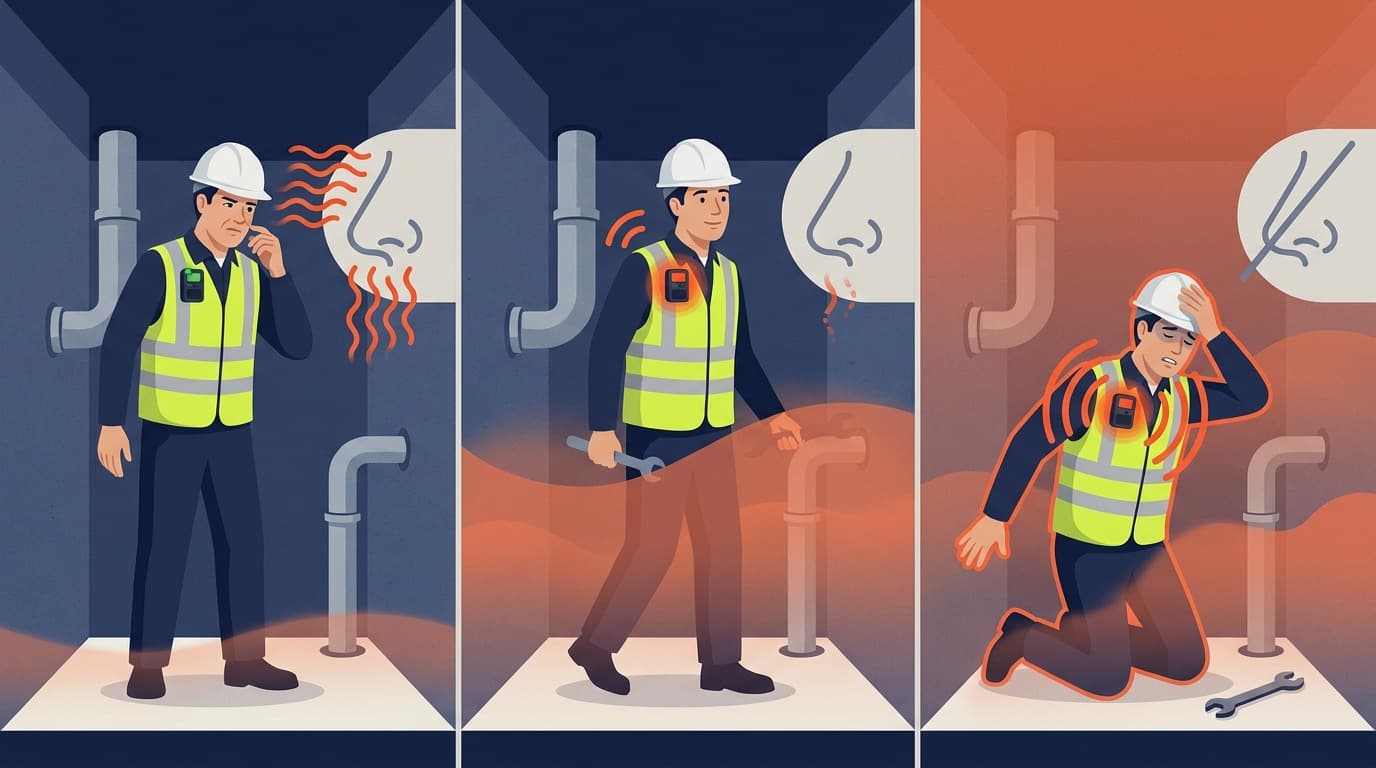Ilustração em três painéis: um trabalhador de capacete e colete de alta visibilidade primeiro sente um cheiro de vapores, depois caminha por uma névoa laranja com uma chave inglesa, e por fim cai de joelhos segurando a cabeça perto de tubulações.