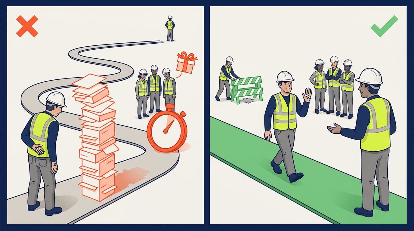 Two-panel illustration: left shows a worker walking a winding path past a stacked box tower and stopwatch, ignoring a group in vests; right shows a worker setting a barrier, greeting colleagues on a straight green path.