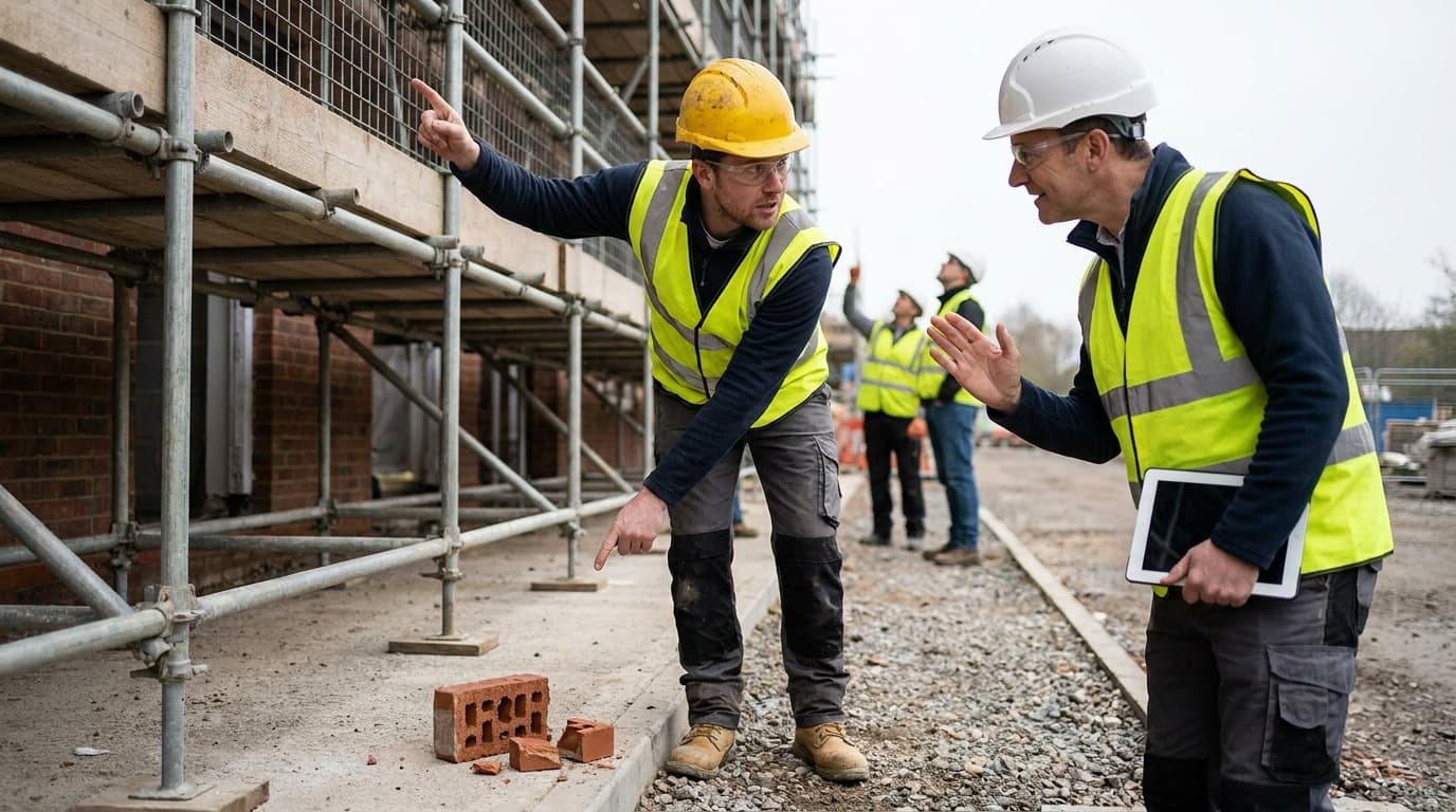 Two workers in hi-vis vests and hard hats gesture and talk near scaffolding and loose bricks on the ground, with other workers visible in background.