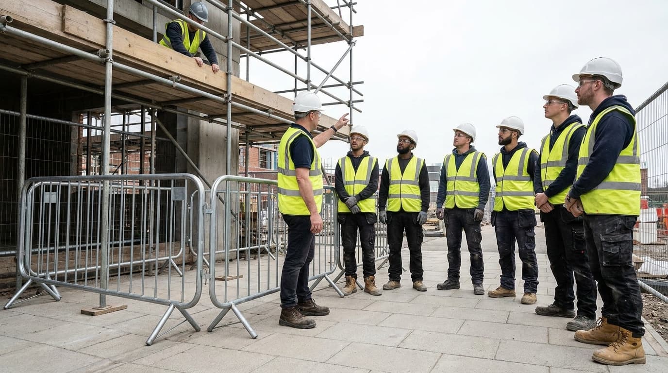 A supervisor in a hi-vis vest points while addressing seven workers lined up behind a metal barrier at a construction site, scaffolding and a worker above visible.