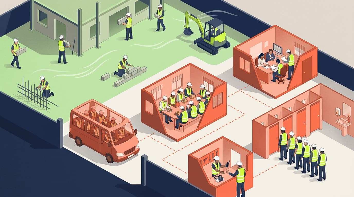 Ilustración isométrica de una obra de construcción con trabajadores construyendo, una camioneta transportando trabajadores, un comedor, una oficina, un depósito de herramientas y un bloque de baños con fila de espera.