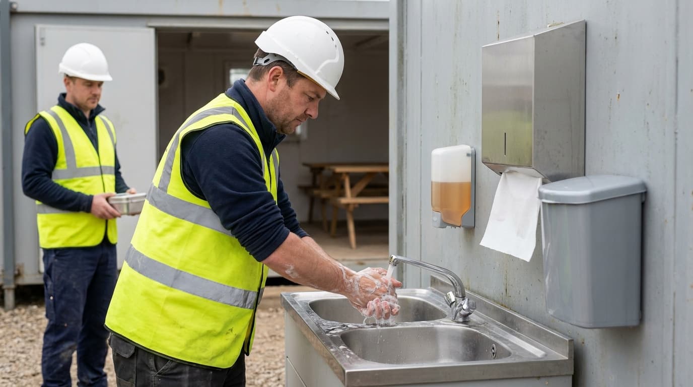 Dos trabajadores con chaleco de alta visibilidad y casco en un módulo de bienestar exterior, uno lavándose las manos en un lavabo de acero junto a jabón y toallas de papel.