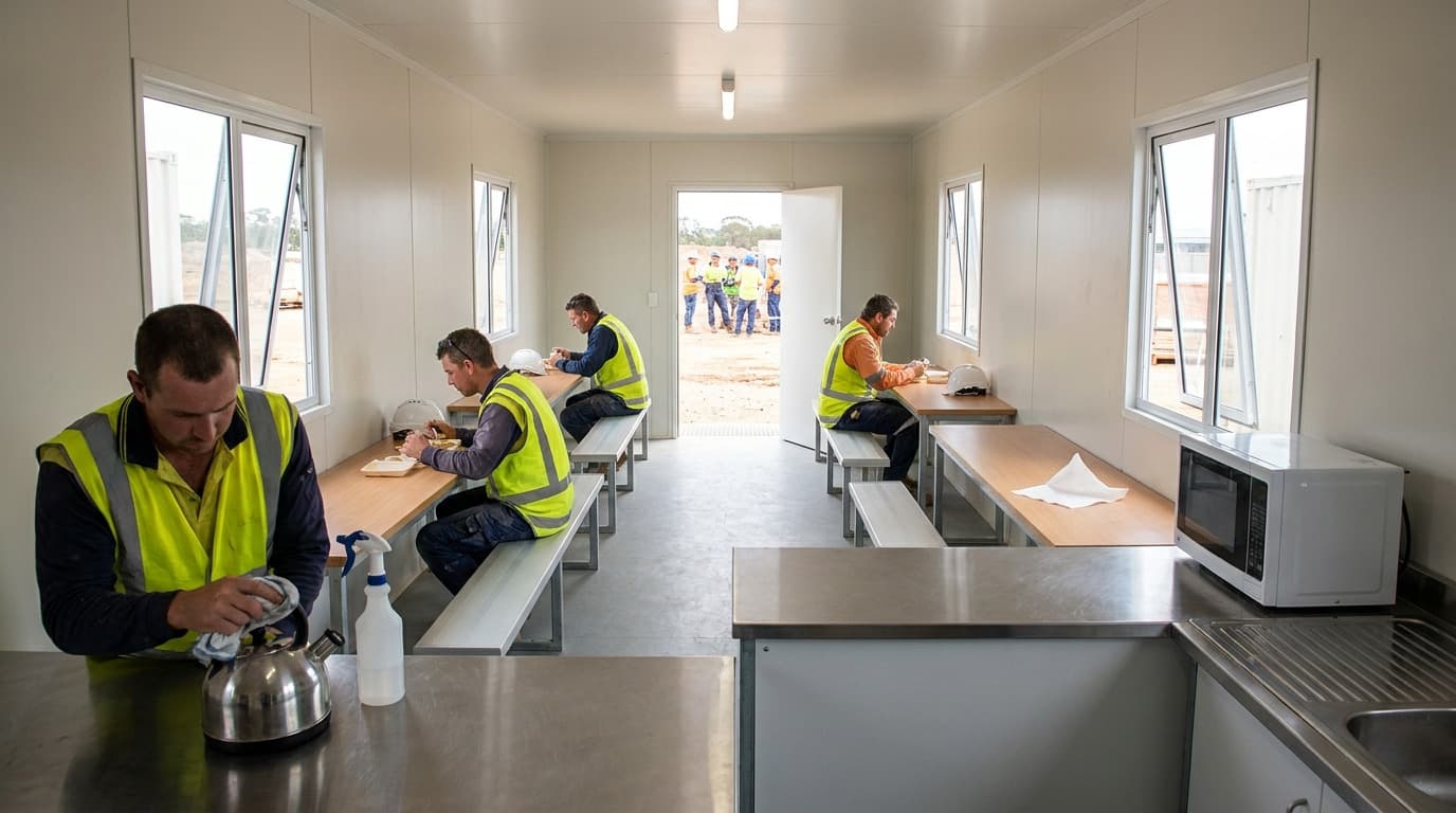 Interior de una cabina de obra usada como comedor, con trabajadores en chaleco de alta visibilidad sentados comiendo en bancos, uno limpiando un hervidor en la barra, otros visibles fuera de la puerta.