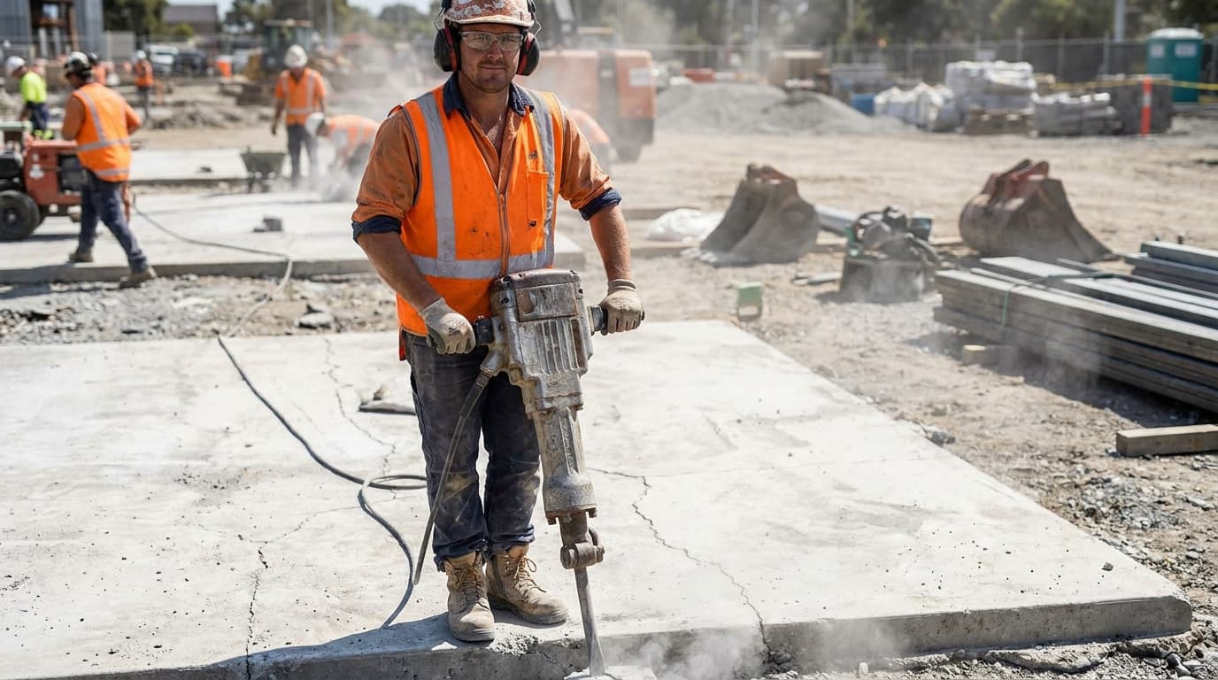 Worker in orange hi-vis, hard hat, ear muffs and safety glasses operates a jackhammer on a concrete slab, dust rising, other workers and equipment in background.
