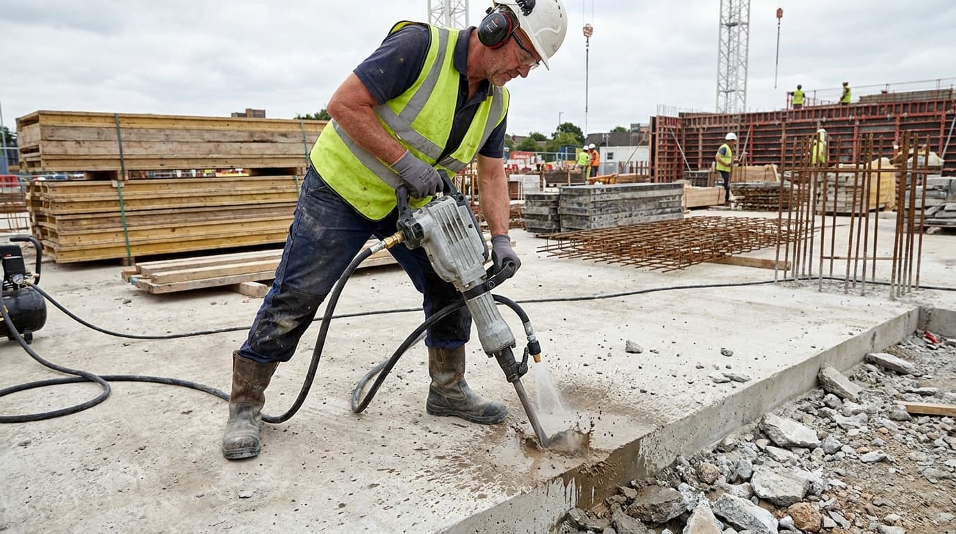 Man in yellow hi-vis vest, hard hat and ear protection uses a jackhammer to break edge of concrete slab, rebar cages and timber stacked nearby.
