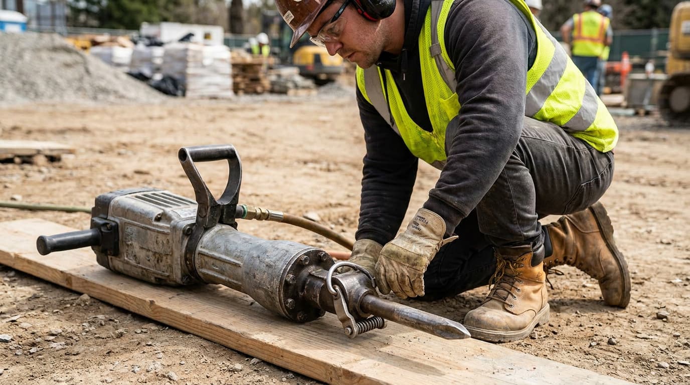 Kneeling worker in yellow hi-vis, hard hat, glasses and gloves attaches a chisel bit to a pneumatic jackhammer laid on a wooden plank at a dirt site.