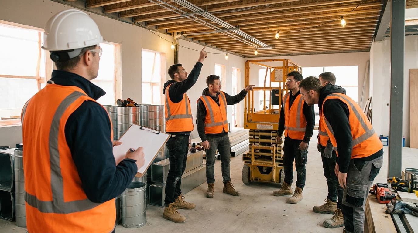 Seis trabalhadores de colete de alta visibilidade laranja se reúnem em ambiente interno perto de uma plataforma tesoura, um segura uma prancheta enquanto outro aponta para a estrutura do teto.