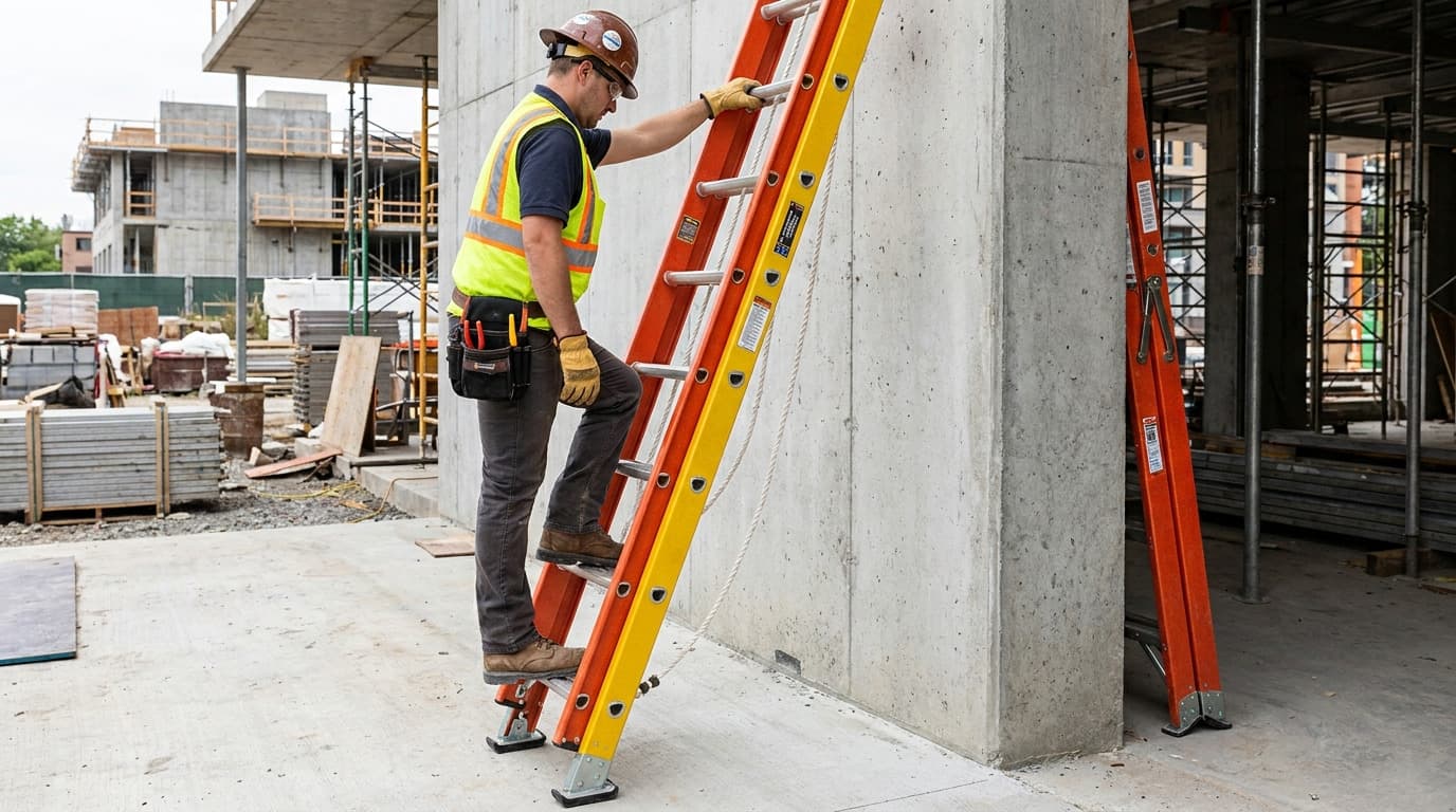 Baret ve fosforlu yelek giyen bir işçi, beton bir duvara dayalı turuncu bir uzatma merdivenine tırmanıyor; yanında katlanmış başka bir merdiven ve iskele bulunuyor.