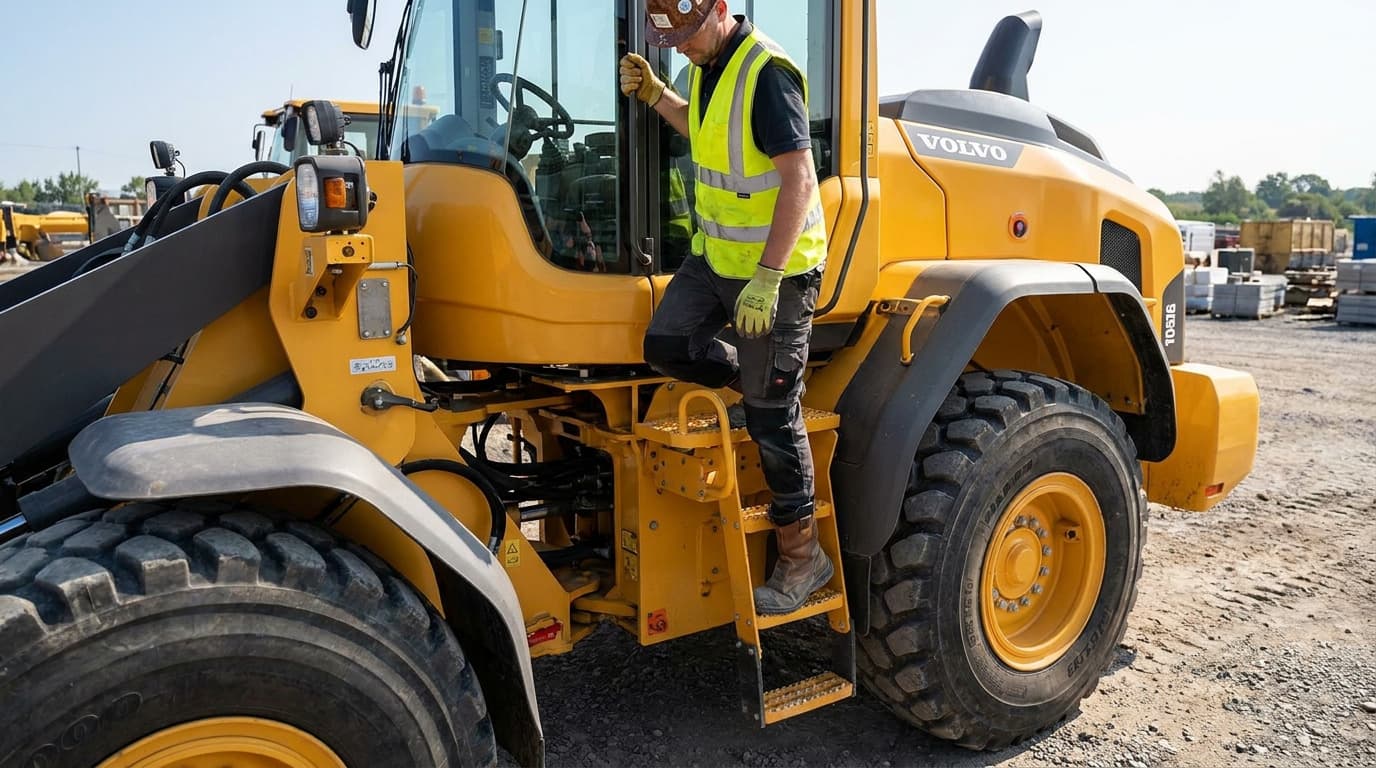 Trabajador con chaleco de alta visibilidad y casco baja los escalones de una cargadora de ruedas Volvo amarilla, sujetando el marco de la cabina, con un patio de grava detrás.