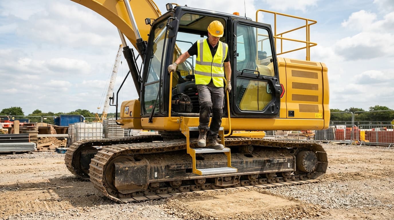 Hombre con chaleco de alta visibilidad y casco amarillo baja por los escalones de una excavadora CAT, sujetando la baranda de seguridad, con el cercado de la obra visible.