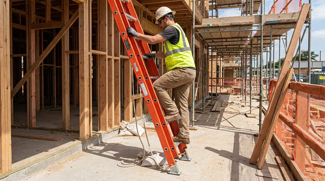 Trabajador con casco y chaleco de alta visibilidad sube una escalera de extensión naranja apoyada contra un edificio de estructura de madera, bajo andamio en la obra.