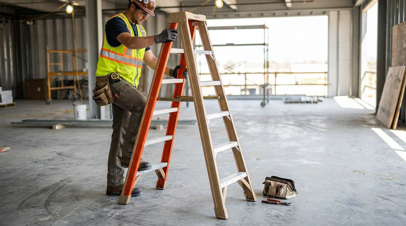Trabajador con casco y chaleco de alta visibilidad coloca una escalera de tijera naranja y beige sobre piso de concreto dentro de un edificio inconcluso, con bolsa de herramientas cerca.