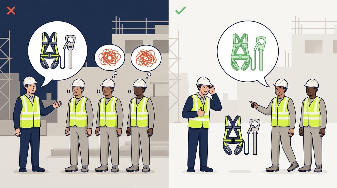 Ilustración dividida: a la izquierda un supervisor gesticula con un diagrama de arnés de seguridad ante tres trabajadores confundidos con globos de pensamiento enredados; a la derecha los trabajadores señalan un diagrama claro en verde y hacen un gesto de aprobación.