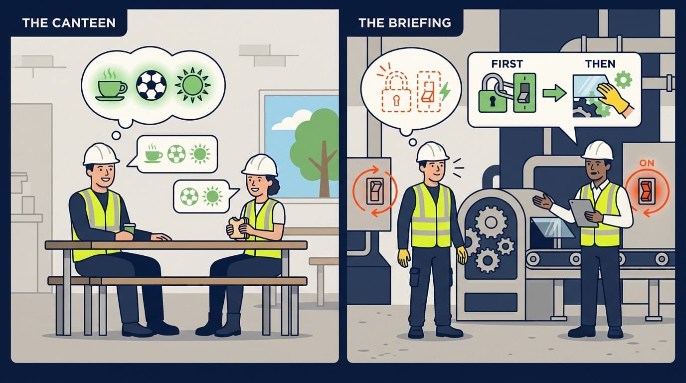 Ilustración de dos paneles: trabajadores en un comedor charlan de temas casuales como café y fútbol, en contraste con un panel de fábrica donde se explica bloqueo y etiquetado y seguridad de máquinas con pasos numerados.
