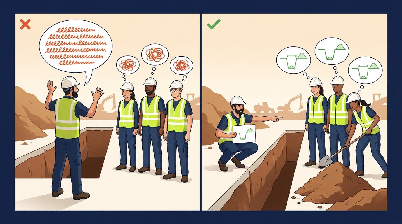 Ilustración dividida: a la izquierda un supervisor habla con líneas onduladas de texto ante trabajadores confundidos cerca de una zanja; a la derecha señala un diagrama y los trabajadores entienden y excavan con seguridad.