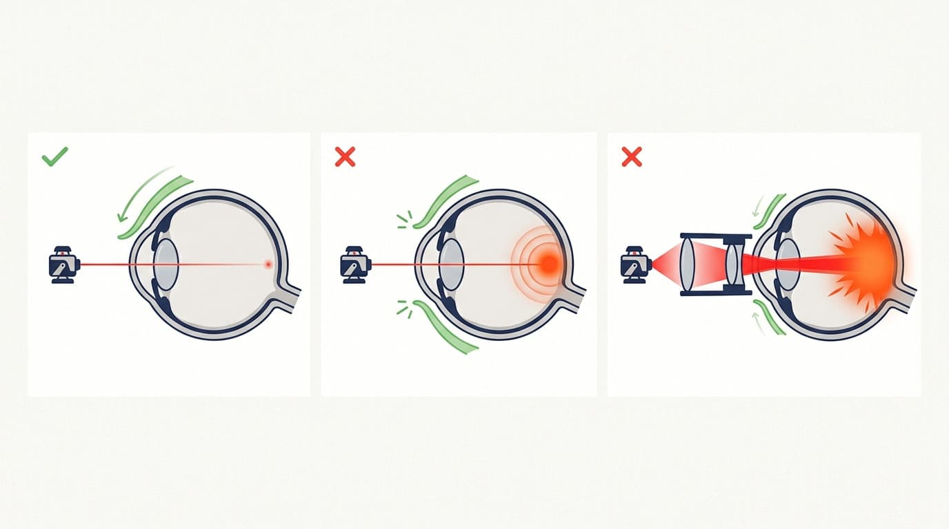 Três diagramas de um corte transversal do olho humano mostrando o feixe de um laser: um entra em ângulo, outro atinge a retina diretamente com um brilho, e o terceiro é ampliado por uma lente criando uma explosão grande na retina.