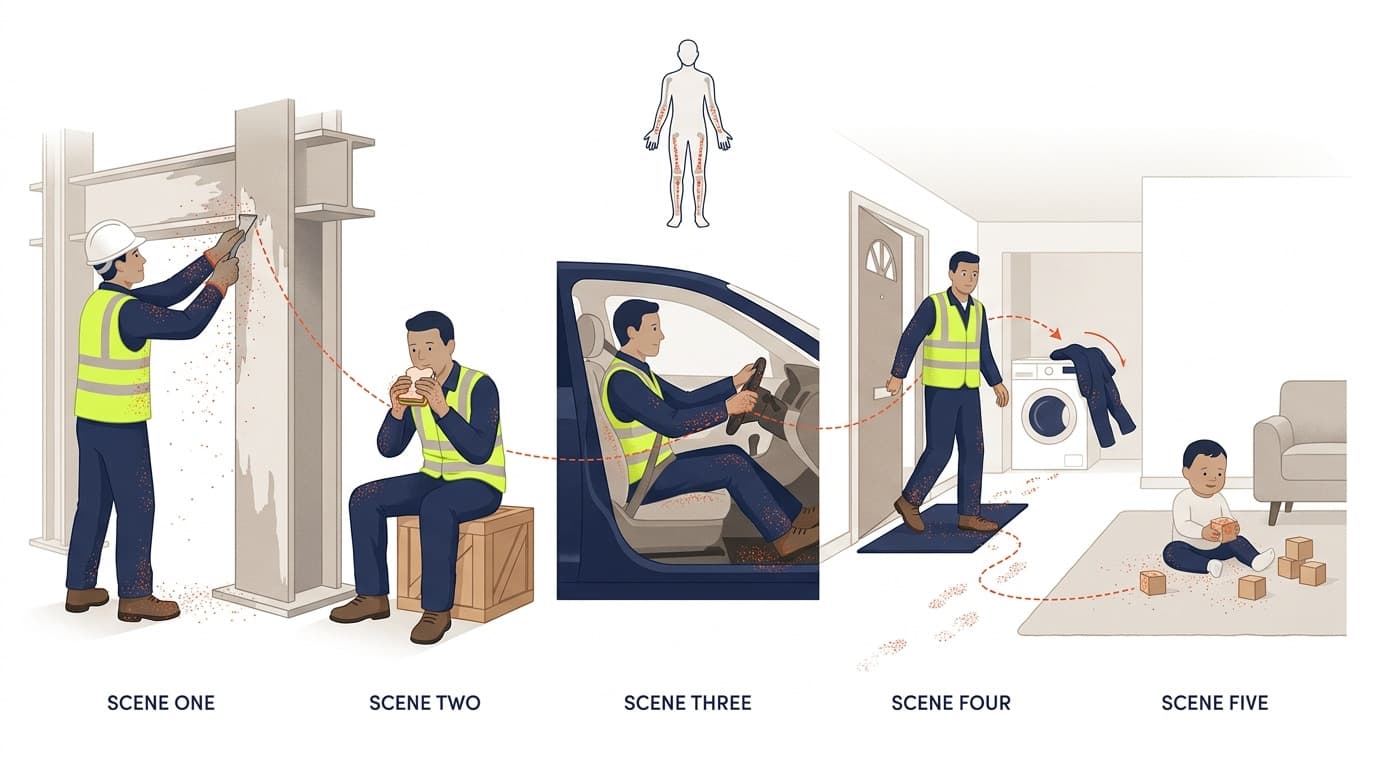 Illustrated sequence of five scenes: a worker scraping a wall, eating a sandwich, driving a car, entering a home, and a child playing with blocks, with dust particles connected by dotted arrows.