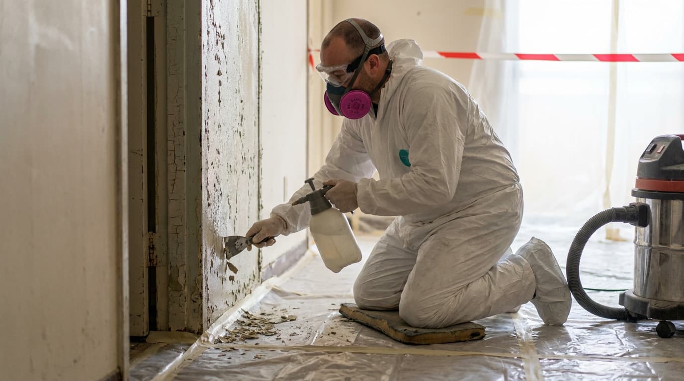 Worker in white coveralls, respirator mask, goggles and gloves kneels scraping paint from a wall, spray bottle in hand, plastic sheeting covers the floor.